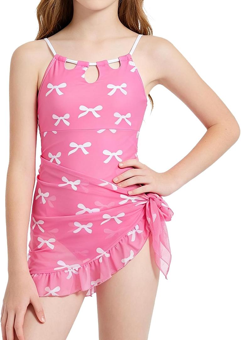 ODASDO Girls Swimsuit One Piece Bathing Suit with Cover Up Skirt for 8-12Y (Pink)
