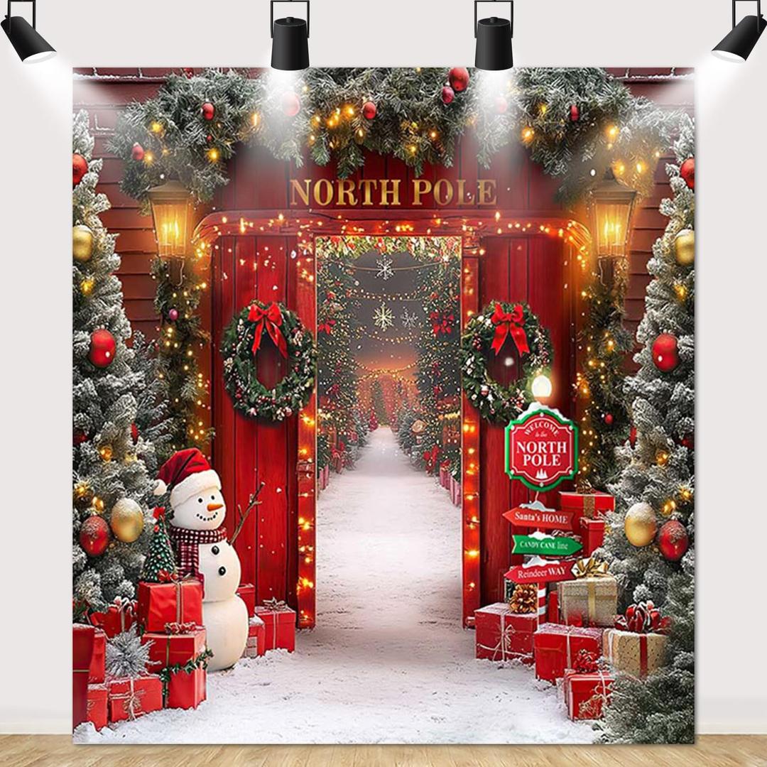 MEHOFOND 6x6.5ft Christmas North Pole Backdrop Banner, Winter Forest Snowy Christmas Pine Tree Photography Background Wooden Barn Door Family Xmas Party Photo Props