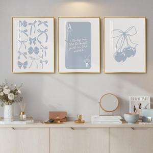 Framed Preppy Blue Wall Art for Room Decor, 3 Piece Bow Cherry Girly Artwork for Walls, Cute Aesthetic Blue Canvas Prints for Girls Bedroom Living Room Girly Room Apartment Wall Decor, 12x16 Inch