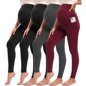 Siimcuzy 4 Pack Womens Maternity Leggings with Pockets Over The Belly Pregnancy Workout Yoga Pants Activewear (Large, 2 Black 1 Heather Grey 1 Wine)