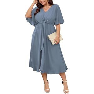 SCOMCHIC Women Plus Size Midi Dresses Wedding Guest Short Sleeve V Neck Tie Waist Casual Summer Flowy A Line Dress (Grayish Blue, XXXL)