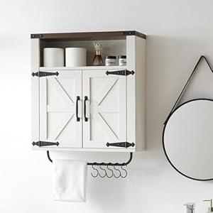 Wnutrees Farmhouse Medicine Cabinet with Two Barn Door, Rustic Wood Wall Cabinet with Adjustable Shelves, Over The Toilet Storage Cabinet with Towel Bar and Hooks for Bathroom, Laundry Room