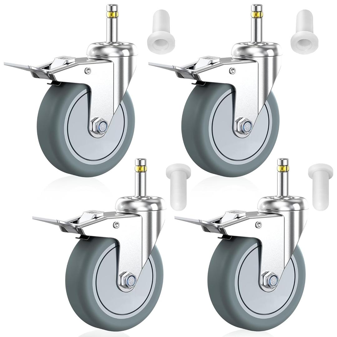 HOLKIE Stem Caster Wheels 4 inch Locking Casters Set of 4, 7/16-Inch Stem Diameter Swivel Castor Heavy Duty TPR Rubber Replacement Castors for Cart, Stool, Mop Bucket, Grill, Shop Vac