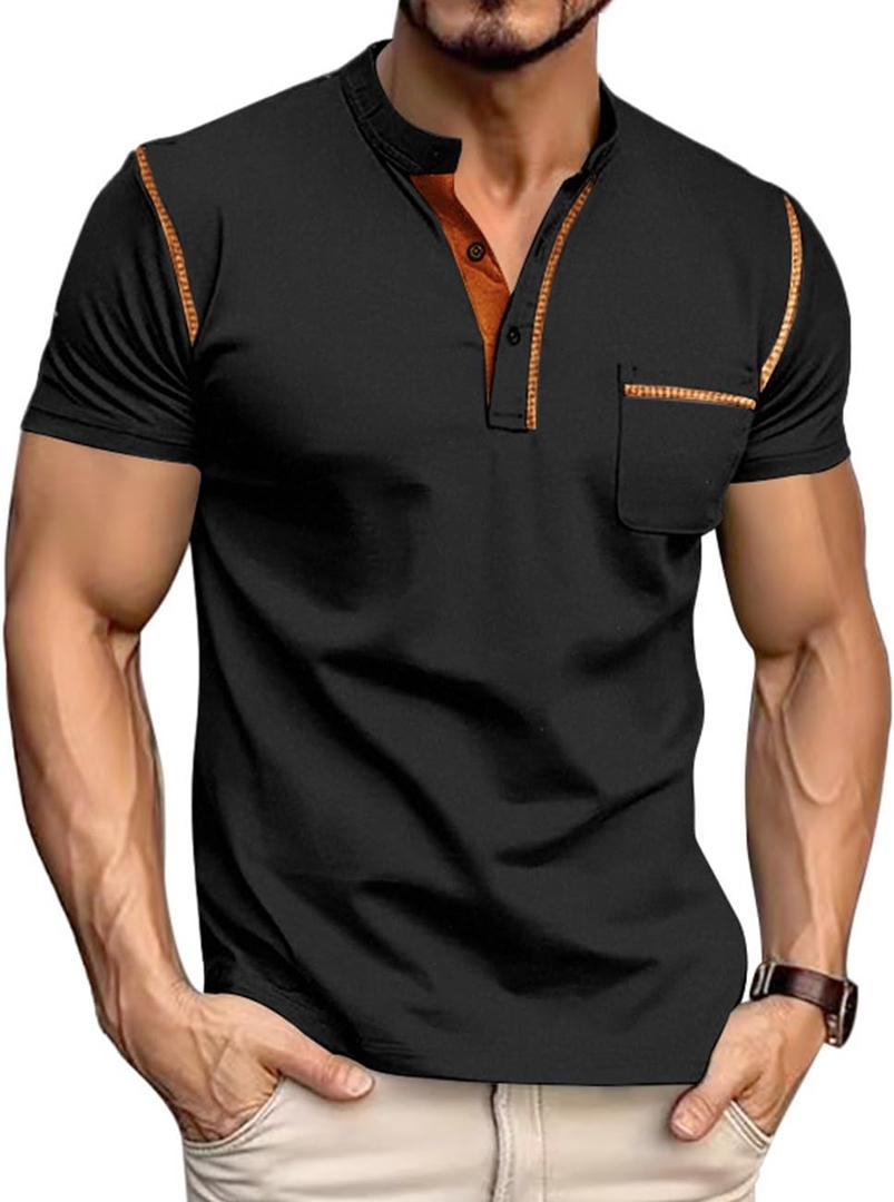 Men's Henley Shirt Short Sleeve T-Shirt Casual Top Pullover Summer Lightweight Tee Shirts with Button (Black, XL)