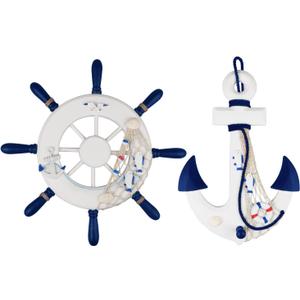 2 Pack 13" Nautical Beach Wooden Ship Wheel and 13" Wood Anchor with Rope Nautical Boat Steering Wheel Rudder Anchor Wall Decor Door Hanging Ornaments Beach Theme Home Wall Decoration