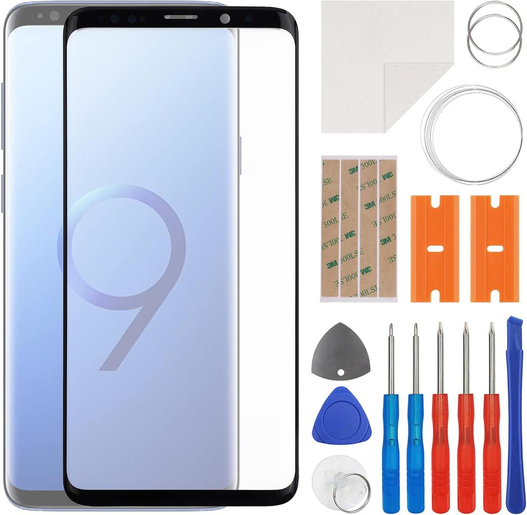 Front Screen Glass Outer Panel Lens Replacement +OCA Compatible with Samsung Galaxy S9+ S9 Plus SM-G965 (No LCD Screen and Touch Digitizer) with Repair Kit