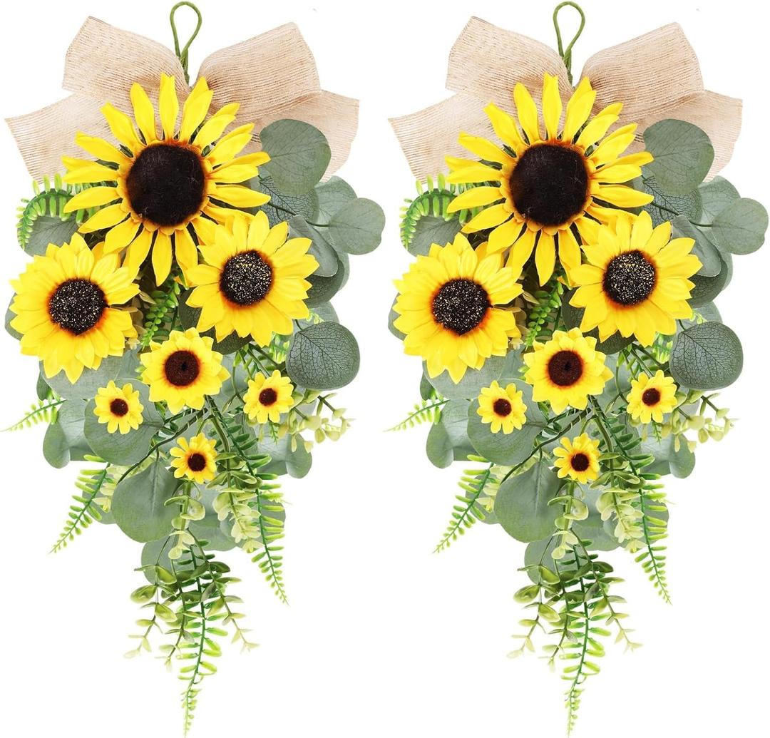 24in Artificial Sunflowers Teardrop Swag Spring Summer Sunflowers Floral Swag Wreath with Burlap Bow Fake Yellow Sunflowers Garland for Front Door Indoor Outdoor Window Home Decor