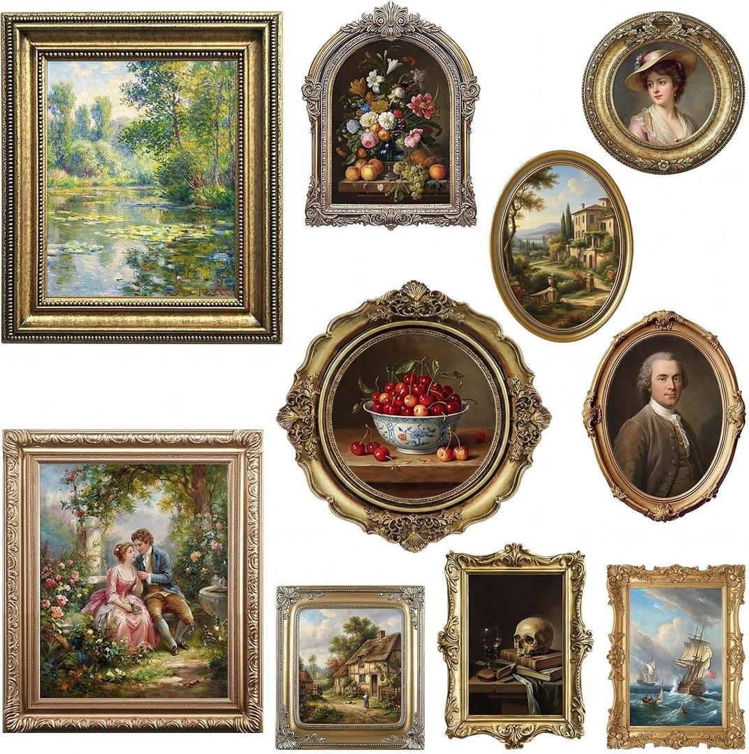 Xuhal 10 Pcs Gold Vintage Picture Frames for Wall, Flat Printed Patterns, Ornate Vintage Farmhouse Photo Frame Multi Sizes, Antique French Country Wall Art for Gallery Bedroom Living Room Home Decor