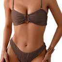 Fanuerg Women's Ribbed Bikini Sets U Wire Adjustable Spaghetti Straps Swimsuit Textured Ruched Two Piece Bathing Suit (Brown, L)