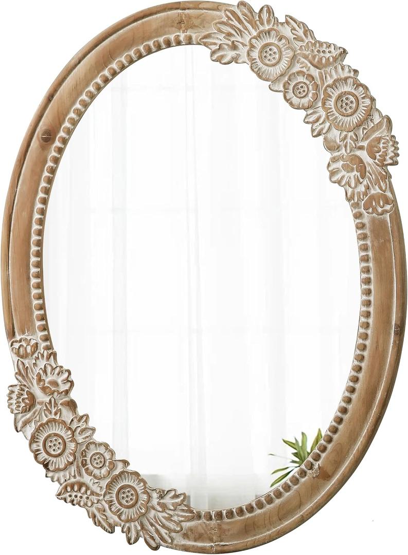 Rustic Oval Mirror 30 x 23 inch, Wall Hanging Handmade Distressed White Wood Frame with Flower and Beaded Detailing Farmhouse Oval Mirrors for Bathroom Entryway, Horizontal or Vertical