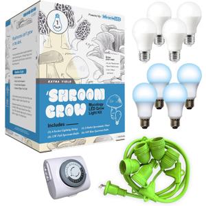 Miracle LED Shroom Indoor Grow Light Kit for Oyster, Shiitake Mushrooms - 4 6500K 12W Full & 4 Blue Spectrum Plus Replace 150W LED Grow Bulbs & 1 4-Socket Fixture with Timer