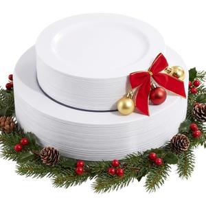 FLOWERCAT 60PCS White Plastic Plates - Heavy Duty White Disposable Plates for Christmas/New Year Party/Wedding -serve for 30 guests Include 30PCS 10.25" & 30PCS 7.5" Plates for Party