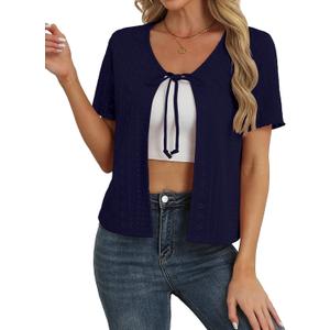 Womens Tie Front Cardigan Lightweight Short Sleeve Cardigans for Women Trendy Open Front (Blue, S)