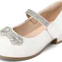 K KomForme Girls Dress Shoes Princess Bow Flats with Rhinestone for Wedding Party, Little Kid (White Pu,Size 1)