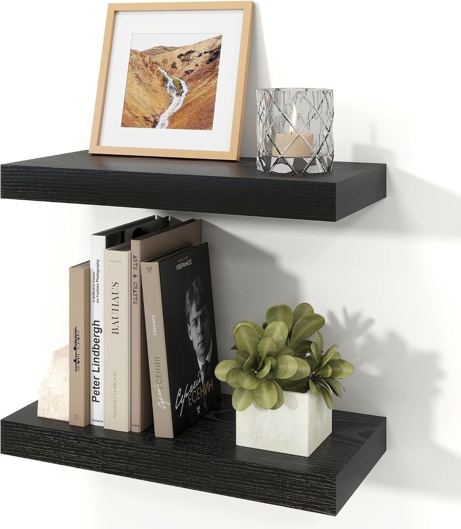Black Floating Shelves for Wall, 7.9" Deep Wall Mounted Floating Shelves for Bedroom, for Wall, Living Room, Kitchen, for Books/Storage/Room Decor (Black, 16")