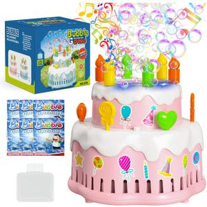 Birthday Cake Bubble Machine, Automatic Bubble Blower Machine for Kids Toddlers with Music/Lights/Solution,10000+ Bubble/Min 13 Holes Bubble Maker Toys for Outdoor Birthday Wedding Gift (Pink)