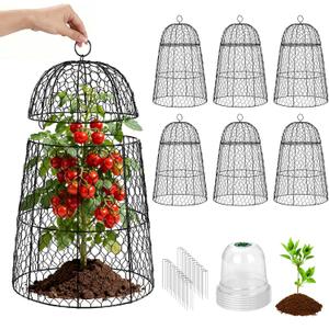 6 Pack XL Metal Garden Cloches for Plants, 17" Height Rustproof Chicken Wire Cloches for Seedlings, Vegetables & Flowers, Plant Protectors from Animals Includes 6 Humidity Domes & 24 Stakes - Black