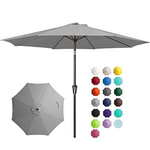JEAREY 9FT Outdoor Patio Umbrella Outdoor Table Umbrellas with Push Button Tilt and Crank, Market Umbrella 8 Sturdy Ribs UV Protection Waterproof for Garden, Deck, Backyard, Pool (Grey)
