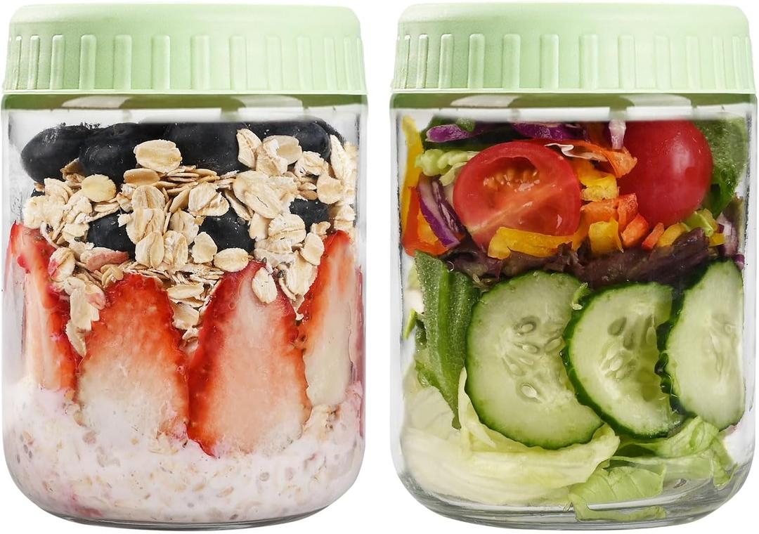SHOWIN Overnight Oats Containers with Lids, 16oz Glass Jars with Lids 2 pcs, Light Green, Wide Mouth Mason jars for Salad, Yogurt, Snacks, Meal Prep