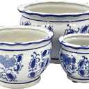 Galt International Blue & White Floral Porcelain Ceramic Decorative Compact Flower Pot 8"/6"/4.5" Diameter Garden Pots Chinese Asian Design - Set of 3 Round Pots