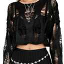 Goth Y2K Striped Sweater Grunge Ripped Punk Gothic Sweaters for Women Harajuku Aesthetic Halloween Pullover Tops (Black), One Size