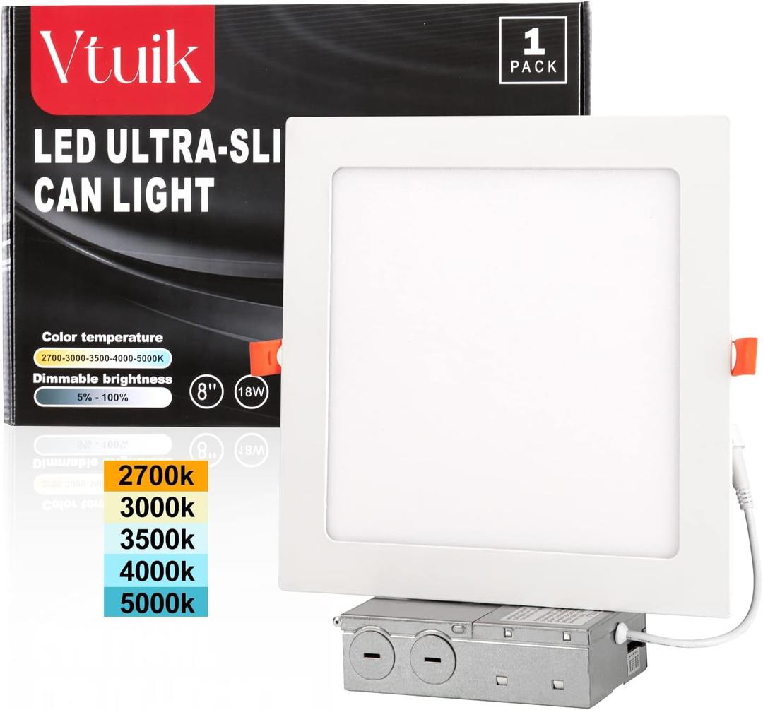8 Inch Square LED Recessed Ceiling Light, Dimmable Canless Wafer Downlight, Damp-Rated for Bathroom Basement Kitchen, Ultra Thin with Junction Box, 5CCT 2700K 3000K 3500K 4000K 5000K, 1 Pack