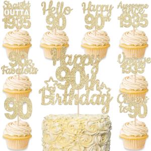 2 x 90th Cake Topper with Cupcake Toppers for 90th Birthday Decorations for Women 25Pcs Gold Glitter Cake Cupcake Birthday Party Decorations
