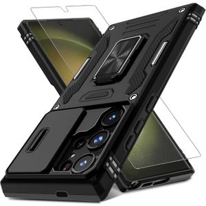 DEERLAMN Case for Samsung Galaxy S24 Ultra with Slide Camera Cover+Screen Protector (1 Pack), Rotated Ring Kickstand Military Grade Shockproof Protective Cover-Black (S24 Ultra-6.8 Inch)