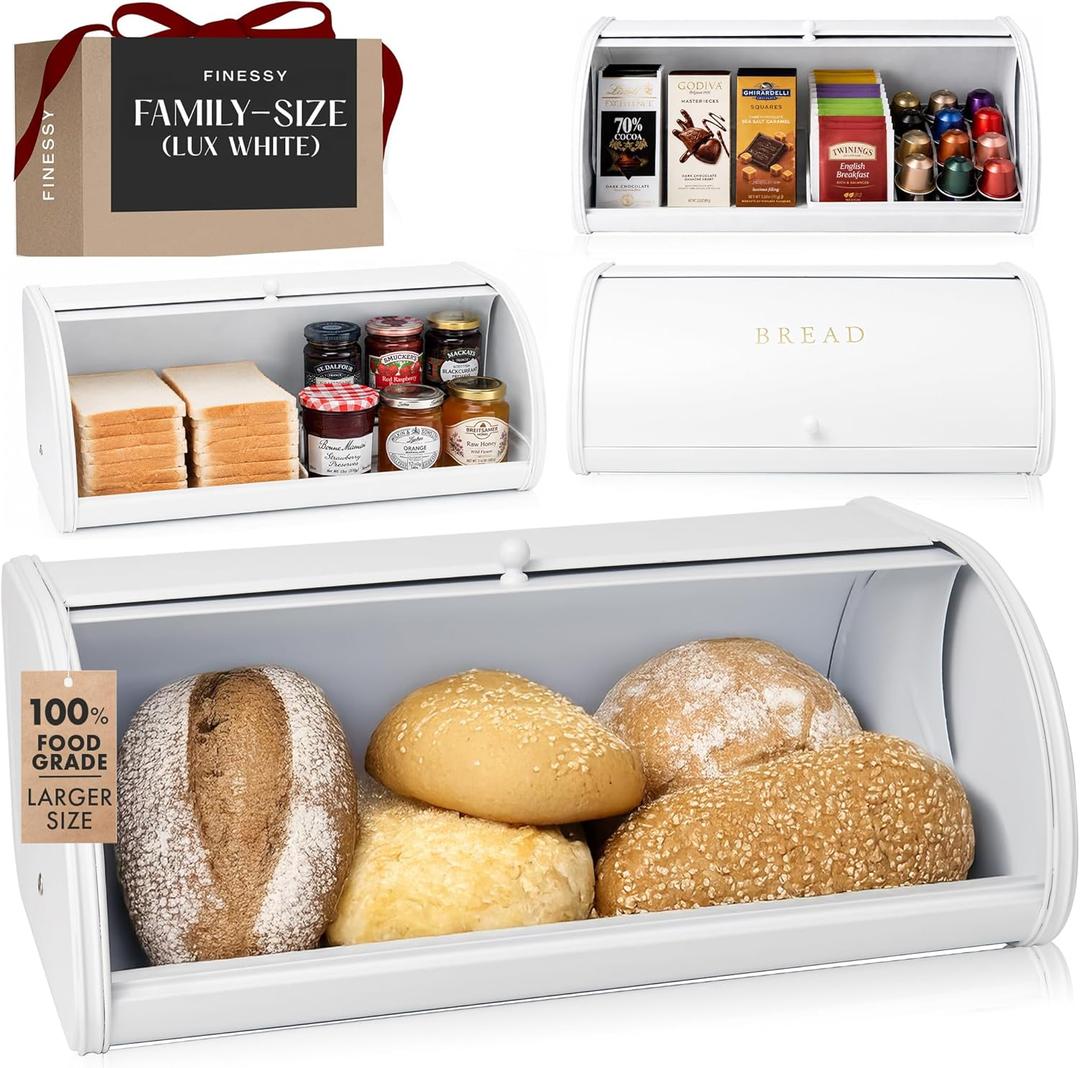 FINESSY Large Bread Box White for Pantry, Bread Box for Kitchen Countertop Stainless Steel, Breadbox Keeper for Fresh Homemade Muffin Sourdough Bagel Sandwich, Large Food Storage Containers with Lids