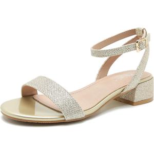 Women's Ankle Strap Sandals, Low Block Heel, Open Toe Summer Dress Shoes with Buckle Closure (10, Glitter Champagne Gold)