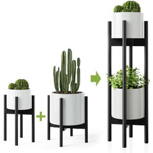 MUDEELA Only 1 Pack Indoor Plant Stands, 2 Tier Tall Plant Stand 30 inches, Mid Century Bamboo Plant Stand, Adjustable Width 8 - 12 inches, Fits Pot Size 14 Inch High Pot & Plant Not Included, Black