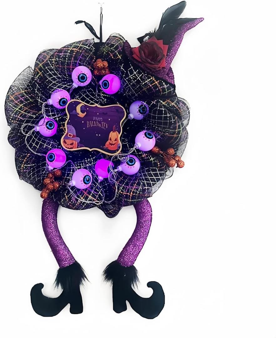 Halloween Wreaths for Front Door,Halloween Wreath with Witch Hat and Legs,Halloween Front Door Wreath Lighted with 30 LED Purple Lights,Door Wreath Light Up,Front Door Decor Halloween Party (Purple)