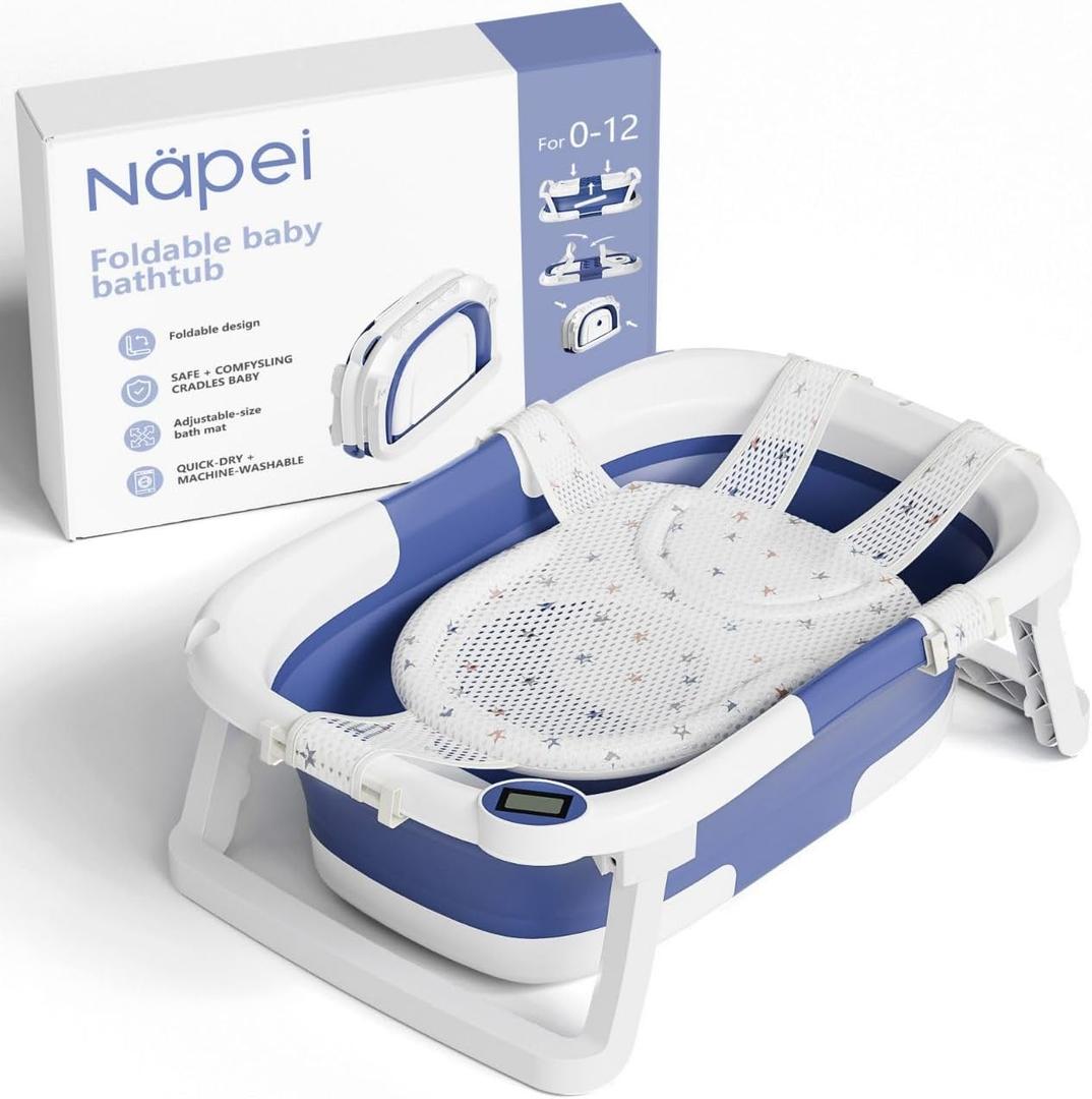 Collapsible Baby Bathtub,Baby Bath Tub with Soft Cushion & Thermometer,Baby Bathtub Newborn to Toddler 0-36 Months,Portable Travel Baby Tub (Blue)