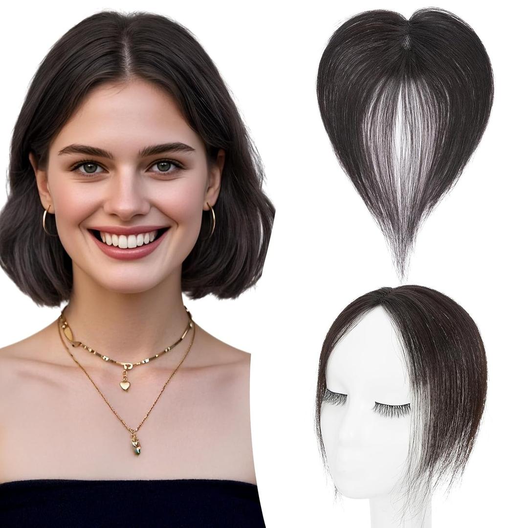 TESS Bangs Hair Clip 360 3D Cover Lace Cover 100% Real Human Hair Lace Base HairPieces for Women Daily Wear Natural Look 10 Inch Side, Nature Black