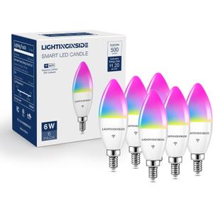 Lightinginside E12 Smart Light Bulbs 60W Equiv., Work with Alexa/Google Home/SmartLife, 500LM 6W RGBCW Candle Candelabra LED Light Bulbs, No Hub Required, 2.4G WiFi Bluetooth Bulb, ETL Listed, 6PCS (Multicolor)