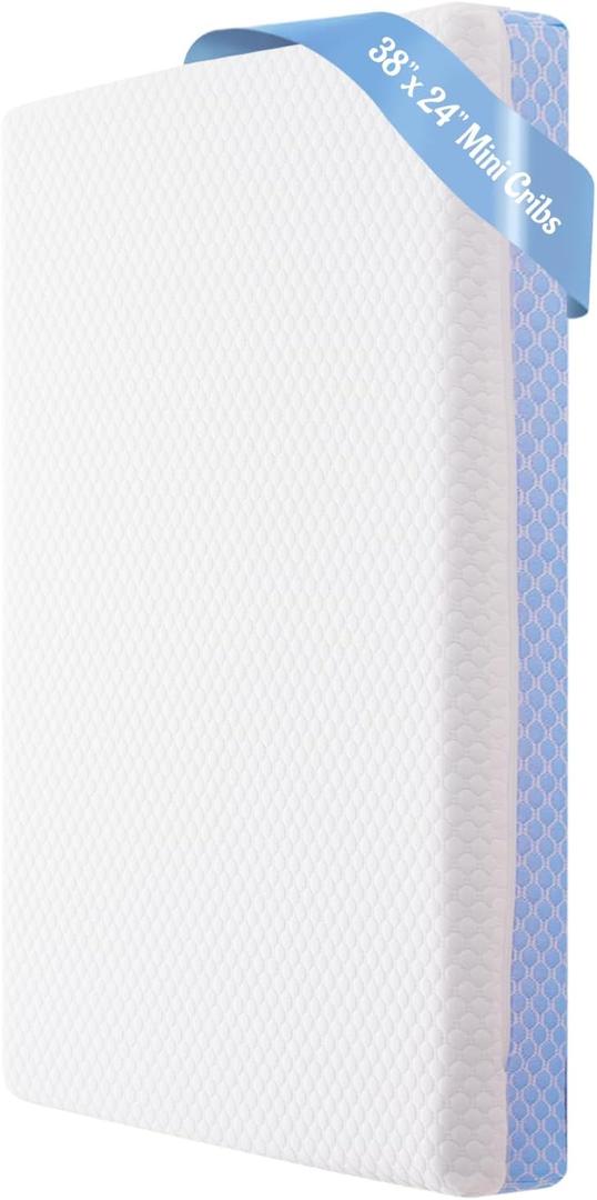 Mini Crib Mattress - 38x24x4 Inch Dual Sided Memory Foam Baby Mattress with Breathable Removable Cover - Fits Most Mini and Portable Cribs (Blue 4"thick)