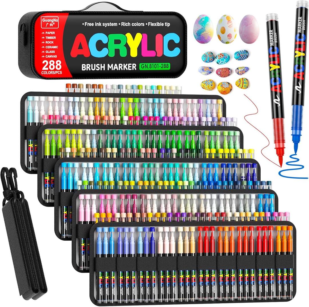 288 Colors Acrylic Paint Markers with Carrying Bag and Shoulder Strap, Soft Brush Tip Paint Pens for Wood, Stone, Canvas, Glass, Fabric, Egg, Rock Painting