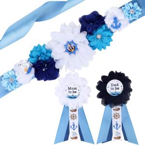 JOYMEMO Nautical Baby Shower Maternity Sash Kit - Blue Ahoy NauticalmBaby Shower Belly Belt and Mom to Be & Dad to Be Corsage Pins, Pregnancy New Parents Photo Props Ocean Theme Party Supplies