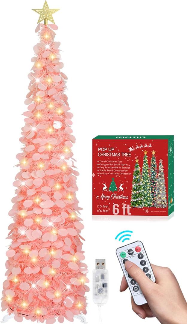 HMASYO 6 FT Pop Up Christmas Tree with 100 LED Lights & Remote, Pink Christmas Tinsel Tree, Collapsible Artificial Pencil Tree for Home Office Party Decor, USB Powered Timer Lights, Easy Assembly