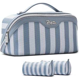 BOYATU Travel Makeup Bag Cosmetic Bag for Women: 3 Pcs Set Striped Make up Bag with Compartments - Waterproof Vegan Leather Toiletry Bags with Handle - Makeup Organizer for Travel Essentials(A-1-Blue)