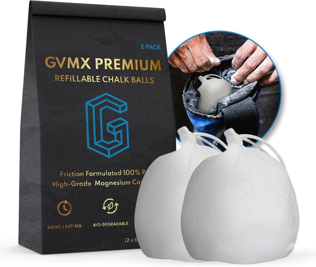 130g (2 x 65g) Premium Chalk Balls. Pro-Grade Gym Chalk in Refillable Sock. Eco Friendly Packaging. Grip Enhancing Gym Accessory for Weightlifting, Rock Climbing, Gymnastics & More