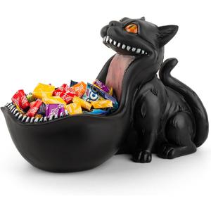 Cat Candy Bowl Gothic Decor Black Cat Statue Decorative Bowl Large Candy Dish for Office Desk Cute Key Bowl for Entryway Table Big Mouth Cat Gifts