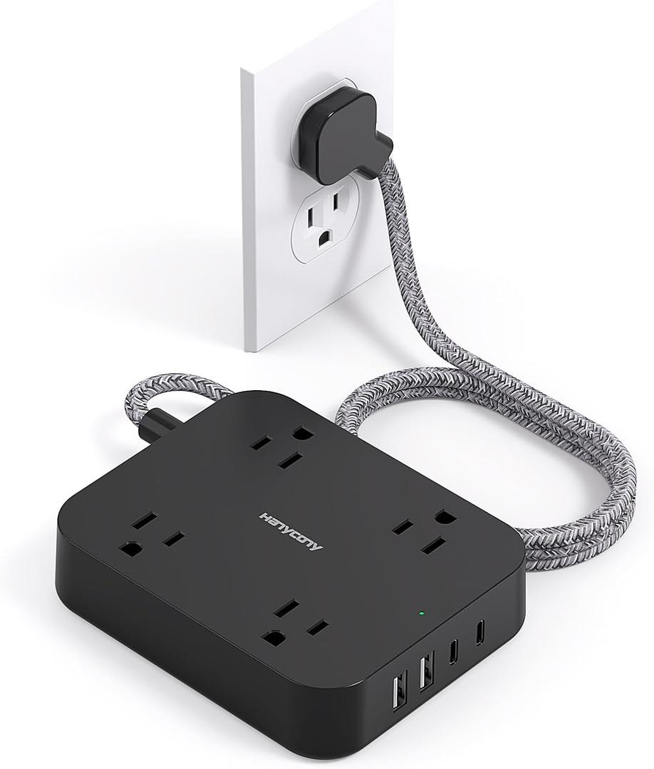 Black Flat Plug Extension Cord, HANYCONY 5ft Power Strip with 4 USB Ports(2 USB C), 4 Widely Outlets Extender, Wall Mount, Desk Charging Station for Office, School, Travel and Dorm Room Essentials