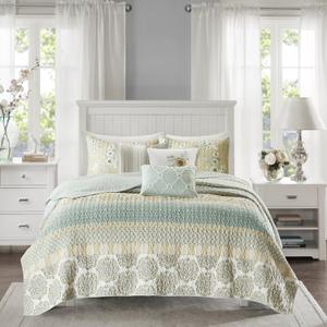 Madison Park 100% Cotton Quilt Set Floral Print, Double Sided Stitching, All Season, Lightweight Coverlet Shabby Chic Bedding Layer, Matching Shams, King/Cal King(104"x94"), Green Yellow 6 Piece