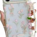 JANDM for iPhone 17 Pro Max Case with Flowers Strap, Clear Pink Tulip Floral Pattern with Cute Pearl Leaf Charm Wrist Keychain, Soft Women Girls Shockproof Protective Cover