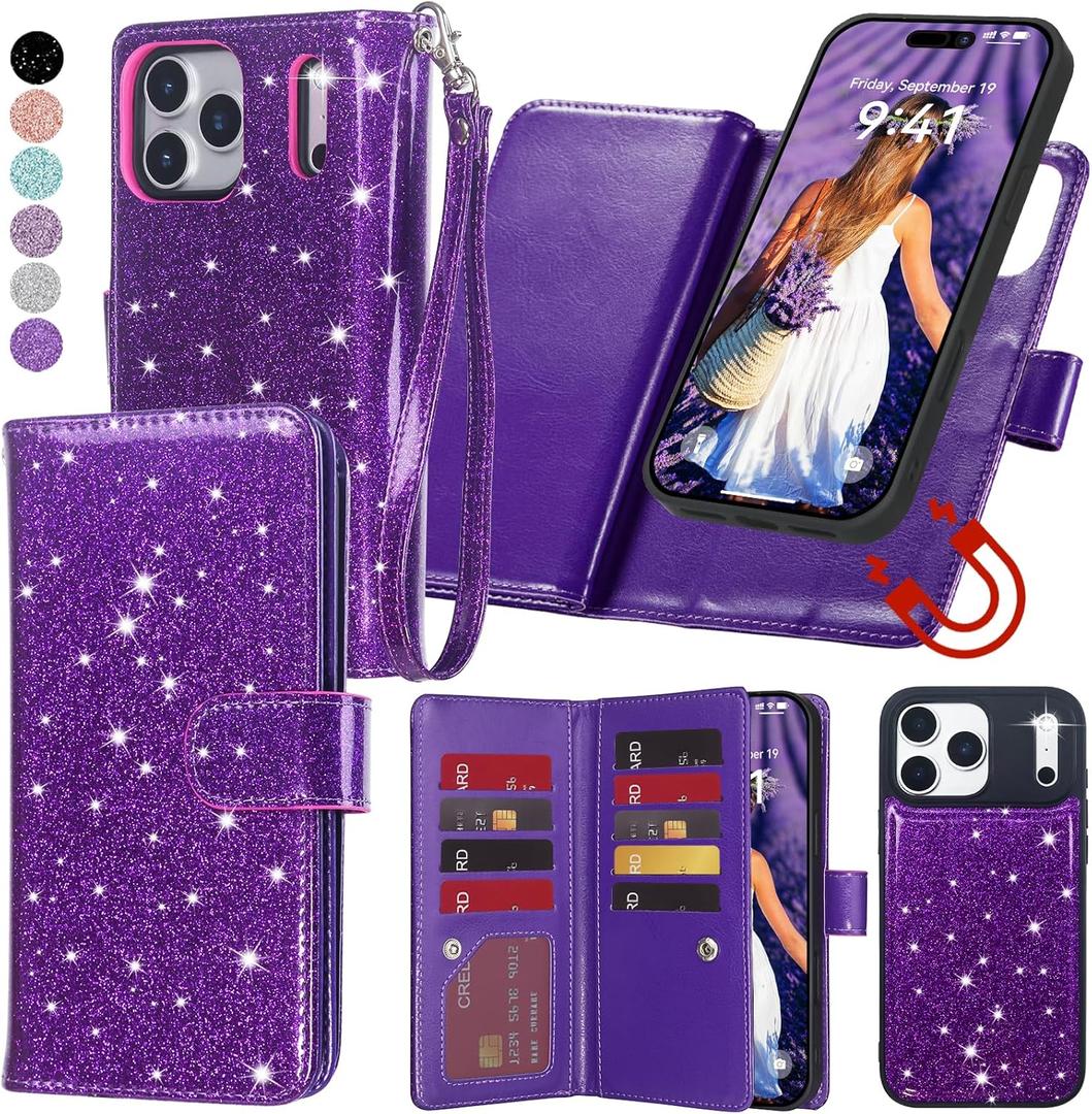 Varikke for iPhone 17 Pro Max Wallet Case Detachable with RFID Blocking Card Holder for Women, Glitter PU Leather Strap Magnetic Flip Removable Phone Case Cover for iPhone 17 Pro Max 6.9", Dark Purple