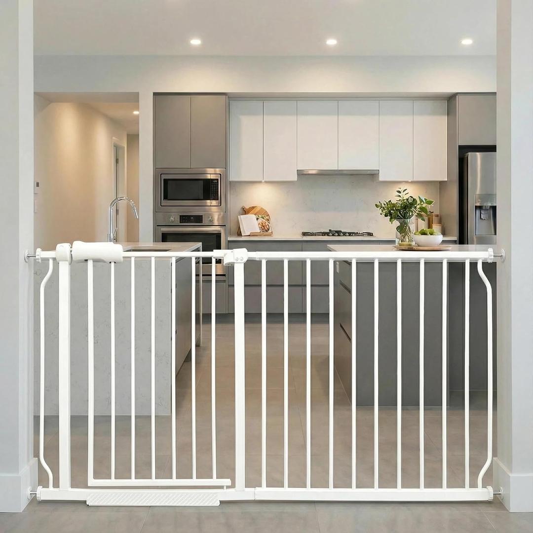 Extra Wide Baby Gates 57.5-62 Inch, Large Metal Safety Gate for Stairs, Doorways - No Drilling, Pressure Mounted Pet Gates for Kids & Dogs (White)