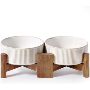 Getstar Ceramic Dog Bowls Set with Acacia Wood Stand, 3.5 Cups Pet Bowls Set of 2 for Medium Dogs, Cute Dog Food Bowl, Cat Bowls (Vintage White)