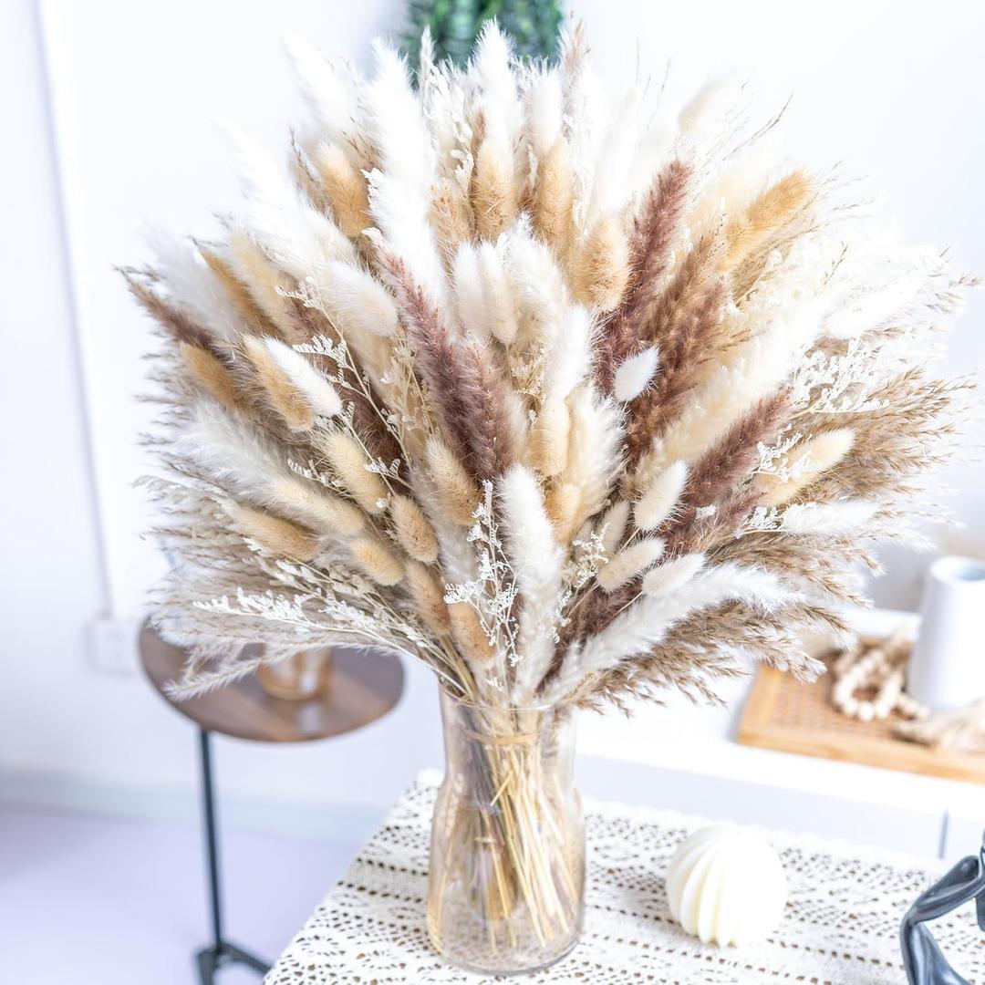 180PCS Natural Pampas Grass Mix Bouquet | Dried Pampas Bouquet for Wedding Boho Flowers Home Table Decor Desk Decor, Rustic Farmhouse Decor (180PCS)