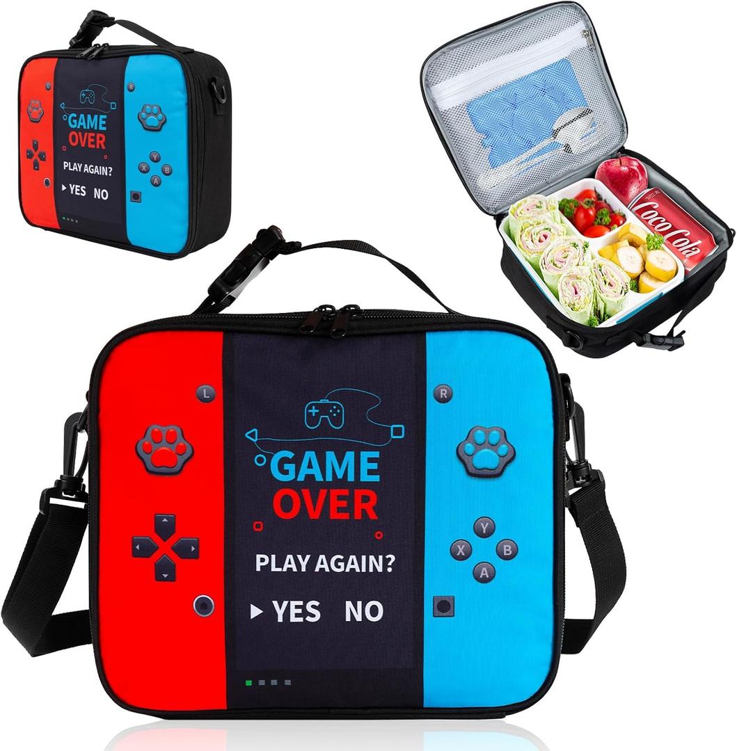 Game Console Insulated Lunch Bag lonchera for Teen Boy Kid Gamer Lunch Box Bento Reusable Large Capacity Portable Waterproof Leakproof with name tag to School Office Picnic (1PCS Lunch Bag) (Black)